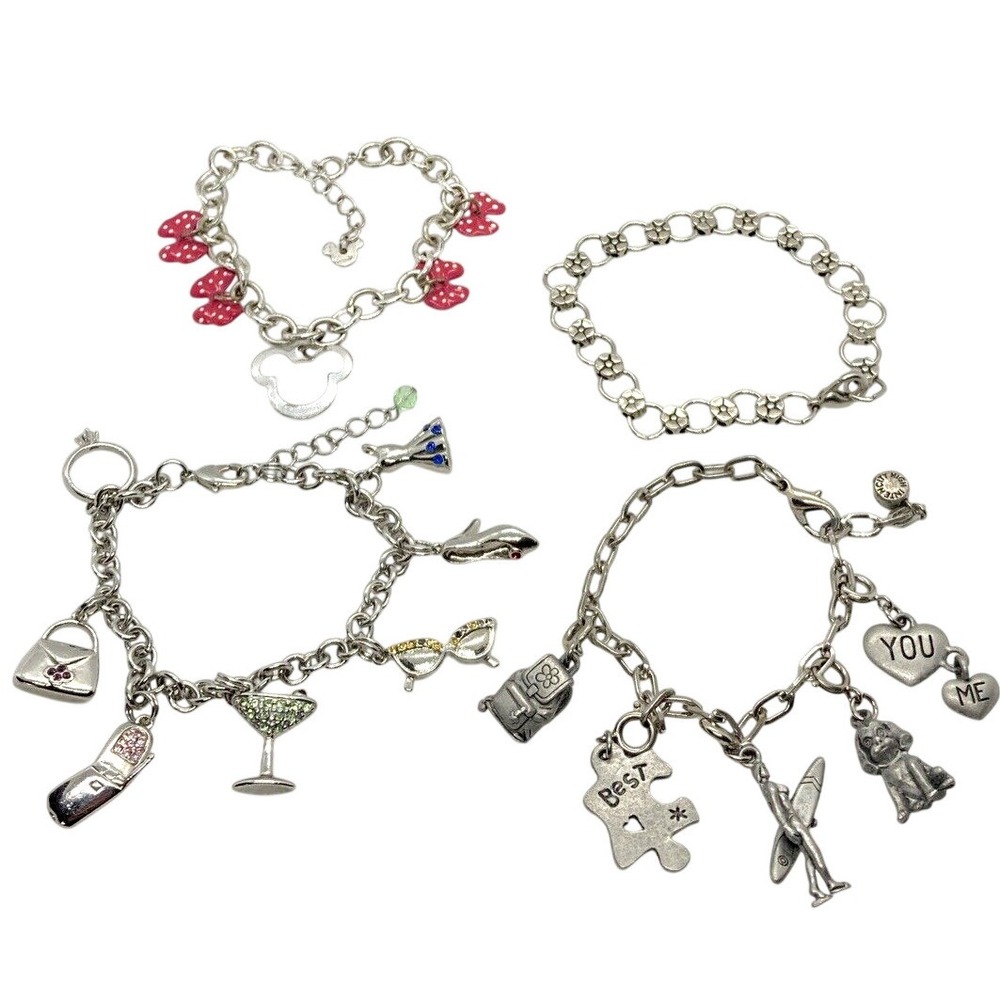 Vintage Lot of 4 Silver Tone Charm Bracelet Disney Minnie Flower Fashion Y2K